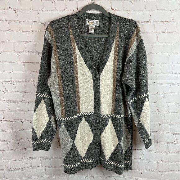 GINA PETERS Sport patchwork silk angora blend oversized cozy cardigan sweater S - Picture 1 of 6